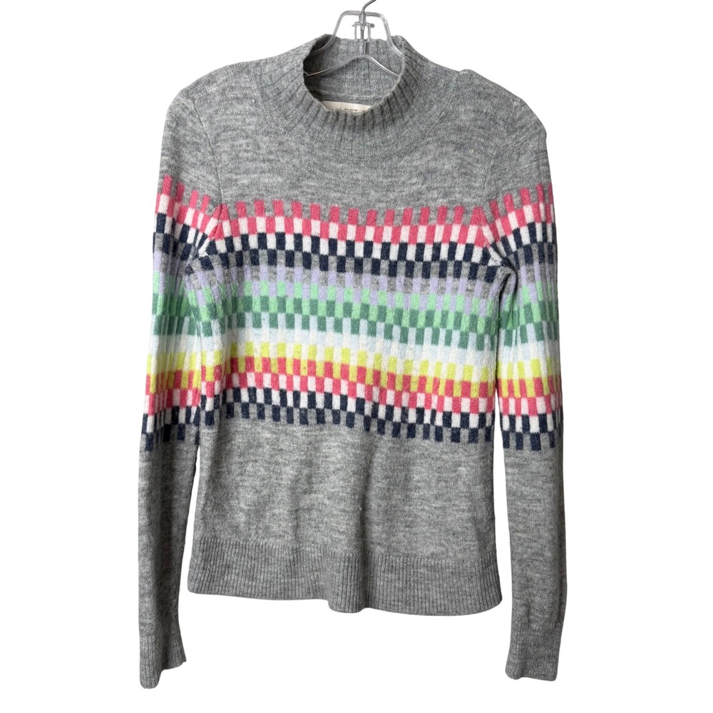 LOFT Sweater Womens XS Gray Rainbow Checkerboard Mock Neck Wool Blend Pullover